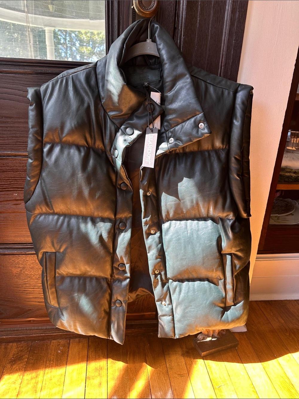 Woman’s Dark Green Easy Street puffer  Vest - Faux Leather Quilted Sleeveless